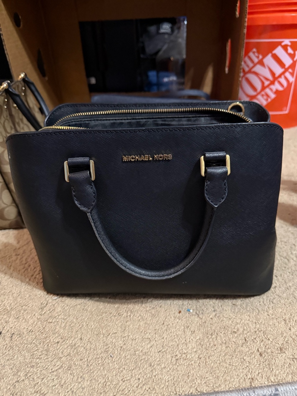 Michael Kors Black Saffiano Leather Satchel with Gold Hardware